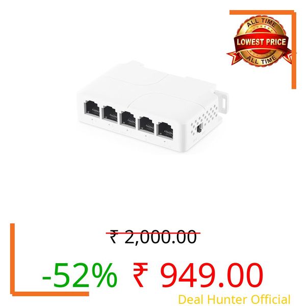 BUYFLUX PoE Switch 5 Port, 1 in 4 Out Extender, Repeater Support IEEE802.3af/at/bt Powered 90W, 100Mbps Ethernet Passthrough Switch, Extend 250m(328ft), Wall and Din-Rail Mount (POE Extender 1 X 4)