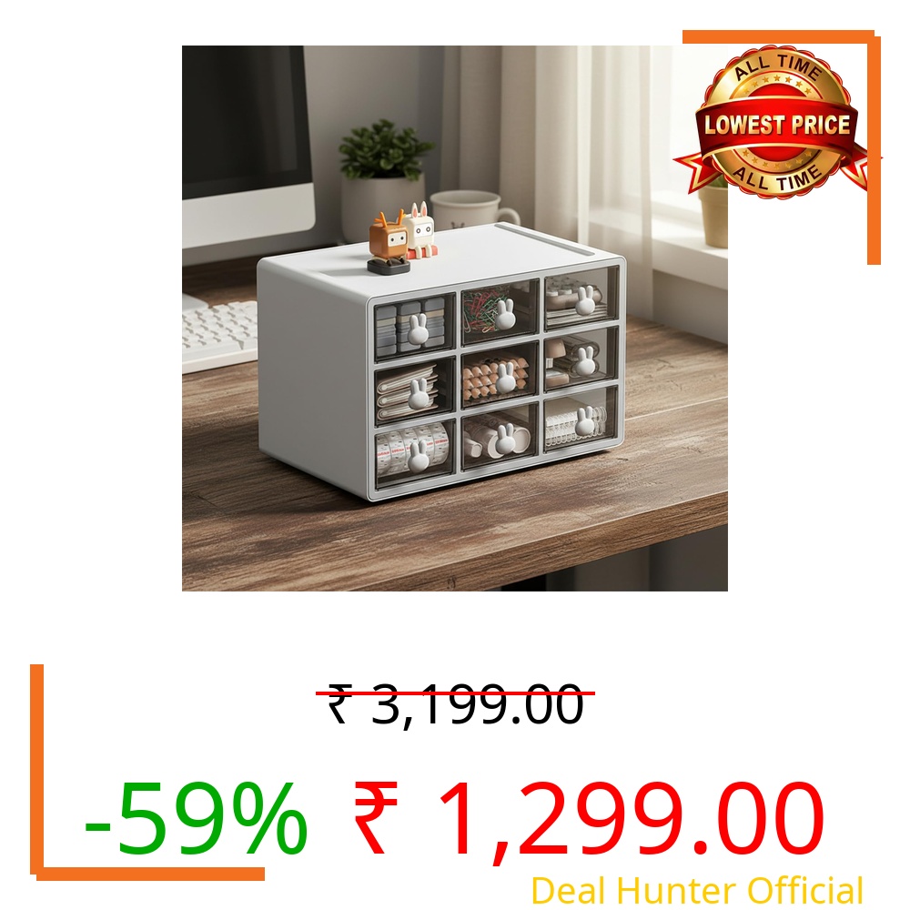 Amazon Basics 9-Compartment Drawer Storage Organiser | 27.5 × 17.5 × 18 cm | White | Plastic | Multi-Drawer Desk Storage for Office & Home | Pack of 1