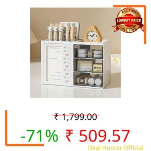 Amazon Basics Large Desk Organiser with Drawers | 24.3 × 13.1 × 16.5 cm | White | Plastic | 8 Compartments | Durable Design