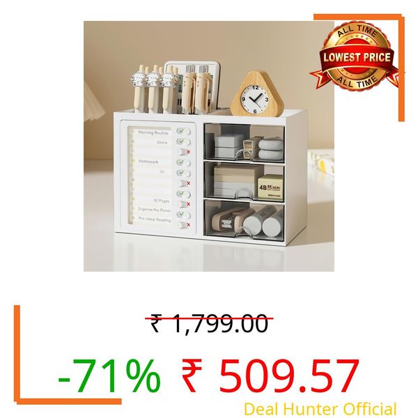 Amazon Basics Large Desk Organiser with Drawers | 24.3 × 13.1 × 16.5 cm | White | Plastic | 8 Compartments | Durable Design