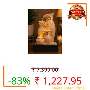 CHRONIKLE Polyresin Sand & Golden Designer Table Top Jug Style Indoor 3 Steps Home Decor Water Fountain with Yellow LED Light & Water Flow Controller Pump (Size: 40 x 29.5 x 22CM | Weight: 2095grm)