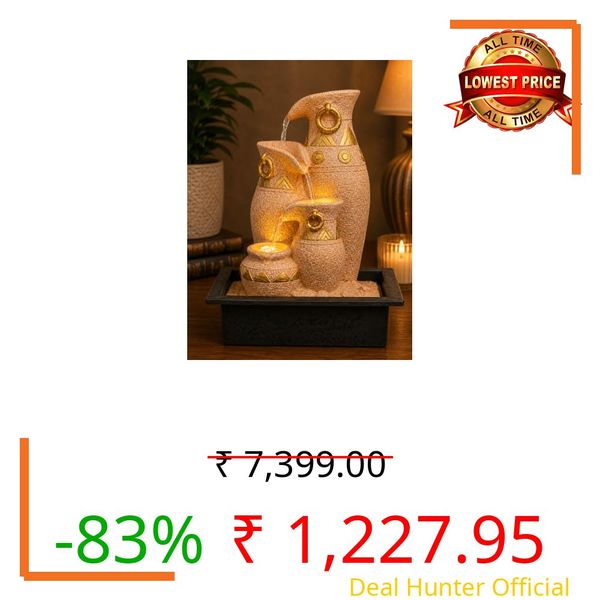 CHRONIKLE Polyresin Sand & Golden Designer Table Top Jug Style Indoor 3 Steps Home Decor Water Fountain with Yellow LED Light & Water Flow Controller Pump (Size: 40 x 29.5 x 22CM | Weight: 2095grm)