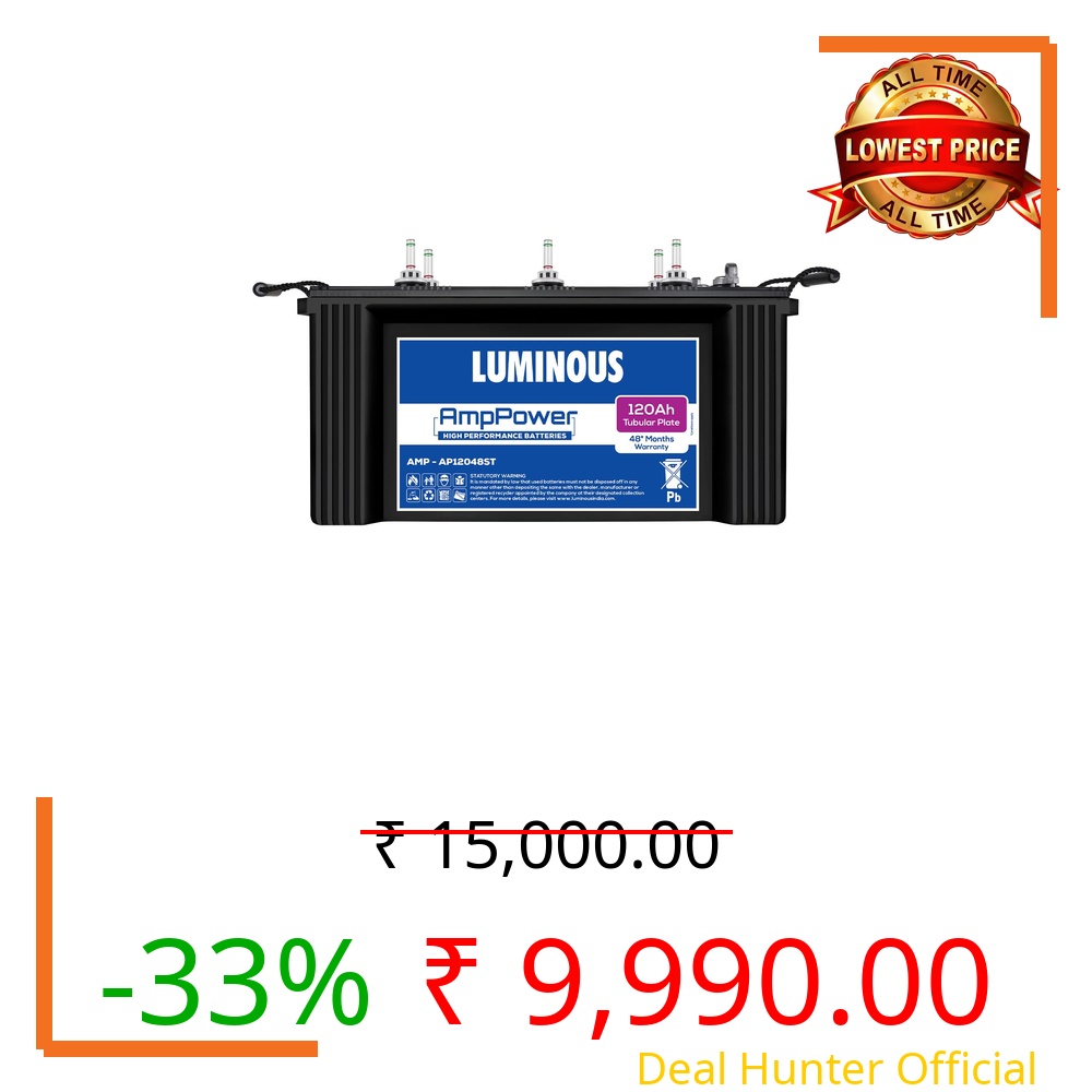 Luminous AmpPower AP12048ST Short Tubular Inverter Battery – 120Ah Capacity | Ideal for Homes, Shops & Offices | High Performance | 48-Month Warranty | Durable, Reliable & Easy Installation