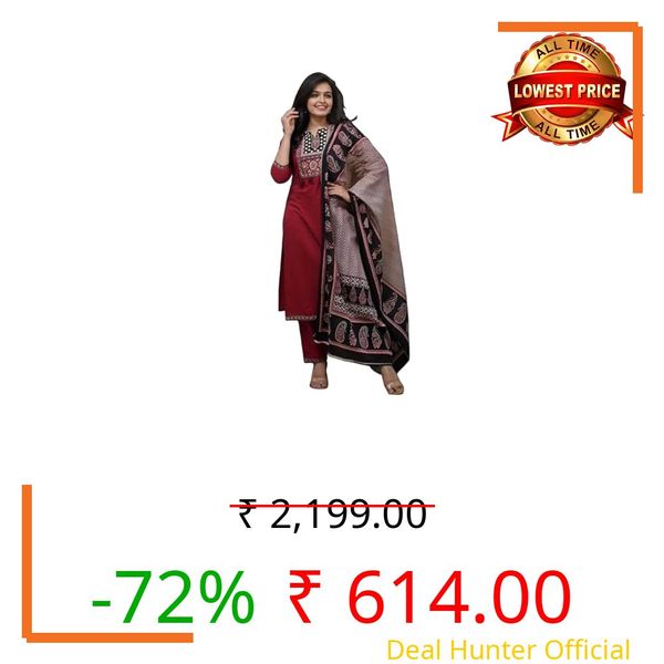 BHARVITA Women's Cotton Handwork and Printed Straight Kurta with Pant and Dupatta Sets (in, Alpha, 3XL, Regular, Maroon)
