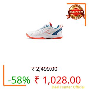 Hundred Raze Badminton Shoes (Non Marking) | Also Perfect for Squash, Table Tennis, & Indoor Sports | Lightweight & Durable | X-Cushion, Active Grip Sole (White/Orange/Deep Sea Blue ; 9 UK)
