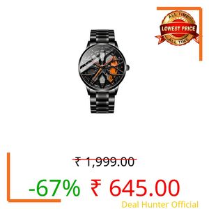 GOLDENIZE FASHION Branded Men's Sport Quartz Watch Car Wheel Multicolour Dial Wheel Dial 360 Rotating Casual Fashion Stainless Steel Alloy Mens &Boy's Luxury Metal Gift Creative Watch (Orange)