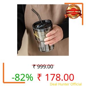 MMTS World Reusable Glass Coffee Sipper Mugs with Lid & Straw Pack of 1, 400ml Multipurpose Drinking Glasses Tumbler with Leather Sleeve Cup for Juice Smoothies Iced Tea Home & Travel