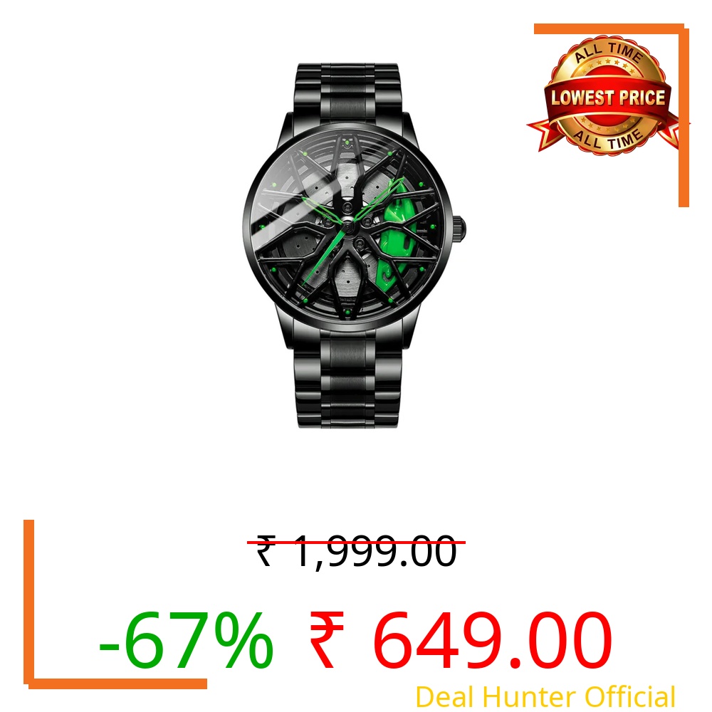 GOLDENIZE FASHION Branded Men's Sport Quartz Watch Car Wheel Multicolour Dial Wheel Dial 360 Rotating Casual Fashion Stainless Steel Alloy Mens &Boy's Luxury Metal Gift Creative Watch (Green)