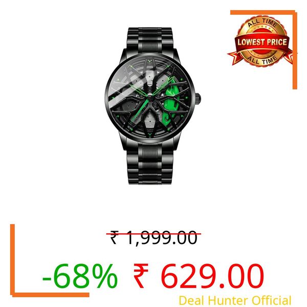 GOLDENIZE FASHION Branded Men's Sport Quartz Watch Car Wheel Multicolour Dial Wheel Dial 360 Rotating Casual Fashion Stainless Steel Alloy Mens &Boy's Luxury Metal Gift Creative Watch (Green)