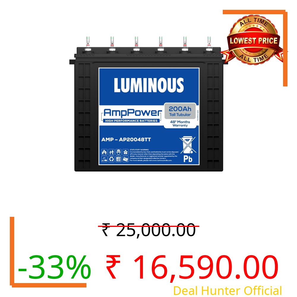 Luminous AmpPower AP20048TT Tall Tubular Inverter Battery – 200Ah Capacity | Ideal for Homes, Shops & Offices | High Performance | 48-Month Warranty | Durable, Reliable & Easy Installation