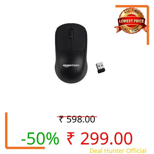 amazon basics Wireless Mouse 2.4GHz with USB Mini Receiver | 1000 DPI Optical Tracking | Silent Clicks | Comfortable Ambidextrous Design | 10m Range | Compatible with PC, Mac, Laptop (Black)