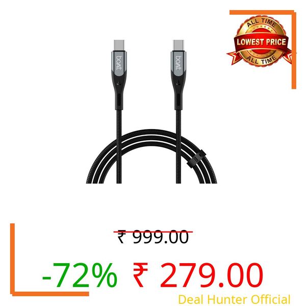 boAt Type C to C 100W/5A PD Fast Charging Cable with E-Mark, 480 Mbps Data Sync, Premium Nylon Braided Skin,10,000+ Bends & Durable Aluminium Alloy Shell (Carbon Black)