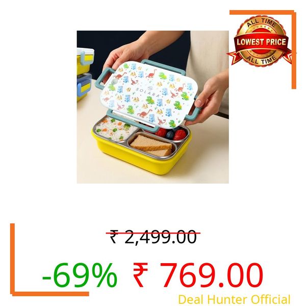 SOLARA Premium Stainless Steel Lunch Box for Kids, with 3 Compartments, Leak Proof, Steel Tiffin Box for School Boys/Girls, BPA-Free & Food Safe, Ideal for Meals & Snacks, Dino