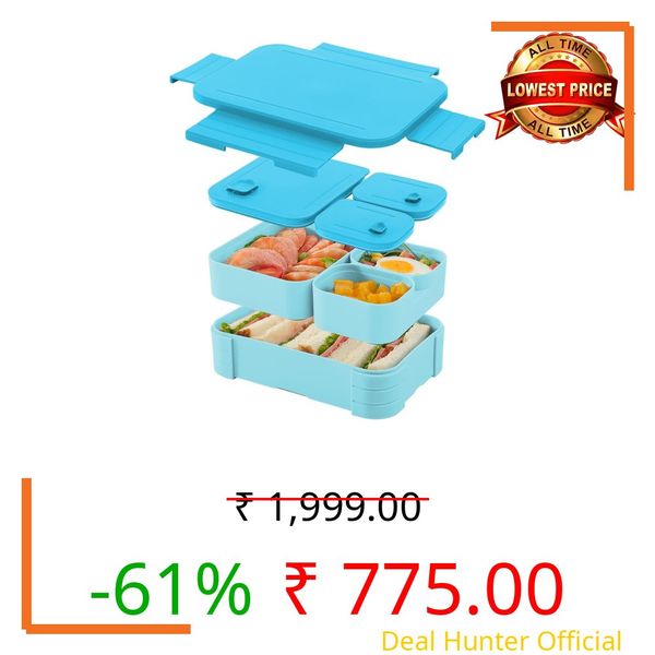 YELONA Bento Lunch Box - 1100 ML for Adults & Kids | 3 Compartment Food Container with Separate Lids | Leakproof, Microwave Safe, PP5 BPA-Free for Office, School & Travel (Sky Blue)