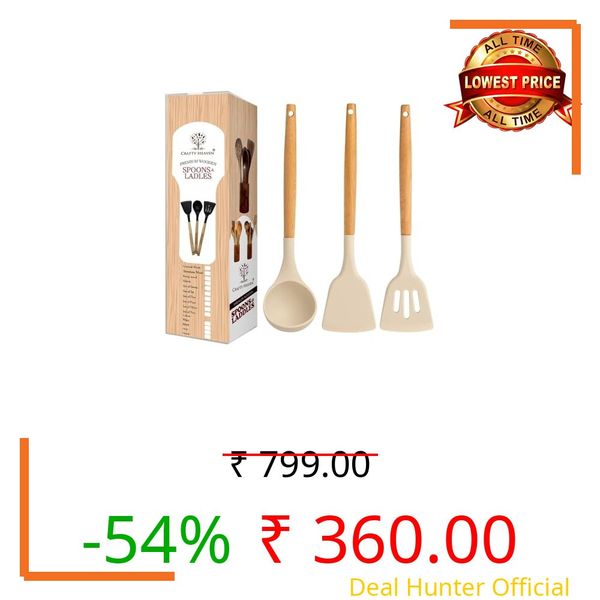 Crafty Heaven Silicone Spatula Set with Wooden Handle for Cooking Ideal for Non-Stick Cooking Pans Non Toxic BPA Free High Heat Resistant Ladles Turner Serving Cooking Spoon Set of 3 (Off White)