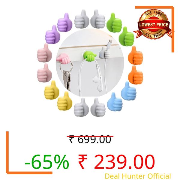BRAND VILLA Thumbs Up Adhesive Wall Hooks – 20 Pcs Mini Self-Adhesive Hooks for Cable, Key, Wire, Charger – Cute Multi-Color Plastic Wall Hanger for Home, Desk, Kitchen, Office – No Drill