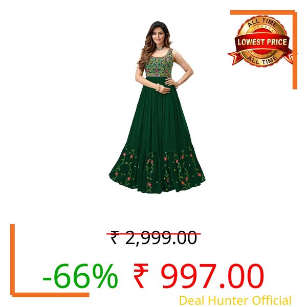 ELLITI Women's Georgette Green Colour Stitched Traditional Stunning Outfit with Boutique Long Anarkali Western Dress Designs, Stylish Party Dresses Gown (XL)
