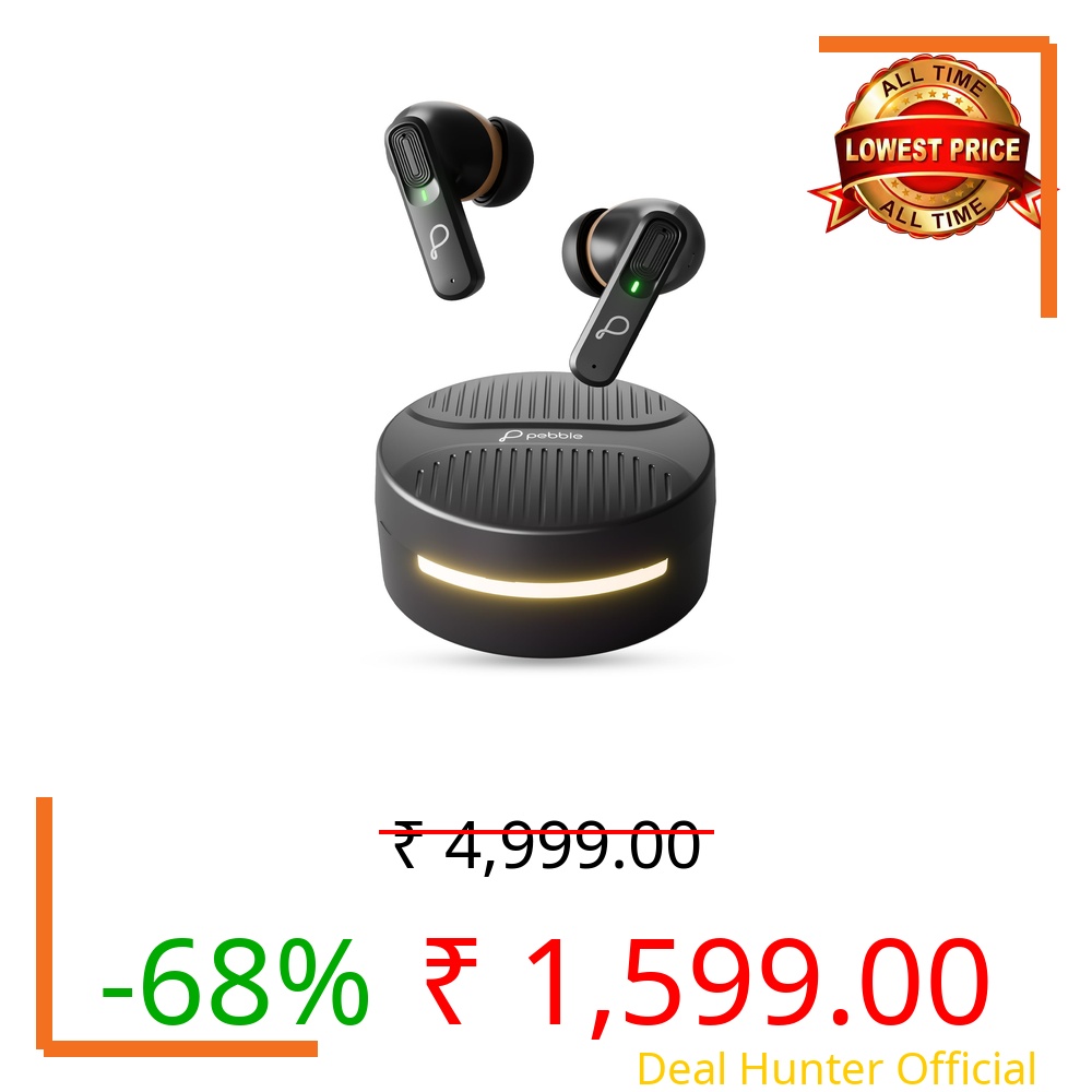 Pebble Blissbuds Hue TWS Earbuds Deep Bass & Clear Sound | ANC & ENC | Ambient Light | 4 Mics | Snug Fit | Voice Assistant | Dual Pairing | Crystal Clear Calls - Black