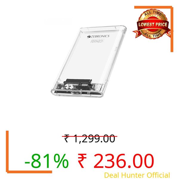 Zebronics 2.5" SSD/HDD Enclosure, Max. 4TB Storage, Upto 5Gbps Transfer Speed, Tool-Free Slide Design, USB to Micro B Connector, Windows, Mac, Linux Support, Transparent Case (CSH101)