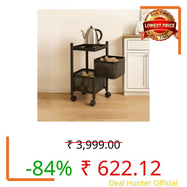 HomeGrits 2-Layer Revolving Square Storage Trolley – Black Metal Swinging Basket Rack with Wheels – Space-Saving Square Organizer for Kitchen, Bathroom, Office & Home Essentials