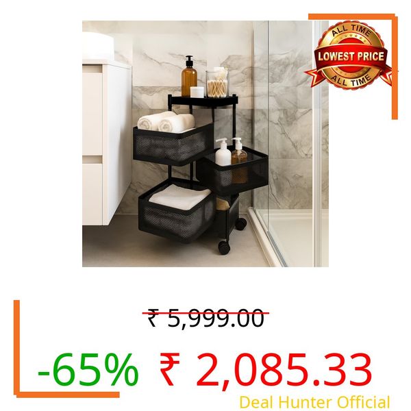 HomeGrits 4-Layer Revolving Square Storage Trolley – Black Metal Swinging Basket Rack with Wheels – Space-Saving Square Organizer for Kitchen, Bathroom, Office & Home Essentials