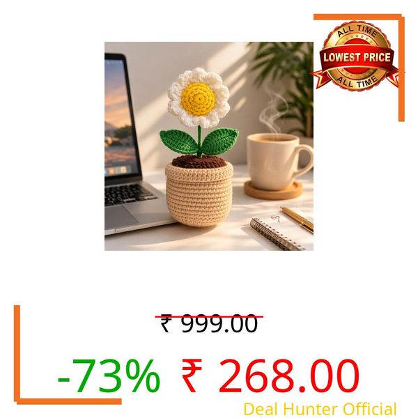 craftelio Handmade Crochet Sunflower Pot – Eco-Friendly Knitted Flower Plant for Home, Office & Gifts (Beige)