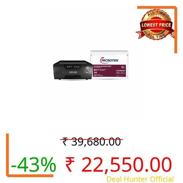 Microtek Combo – Super Power 1100 Advanced Digital Inverter (950VA/780W,12V) with Lithium-Ion Battery 12.8V/100Ah, 1280Wh LiFePO4 | SCT & BMS Technology, Faster Recharge, Longer Life, Compact & Safe