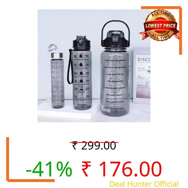 ISRABK67 Set of 3 Transparent Water Bottle 2000ML, 900ML, 300ML with Motivational Time Marker |Leak Proof&Break-Proof | Best Usage For Office/School/Gym/Travel (SET OF 3) (BLACK)