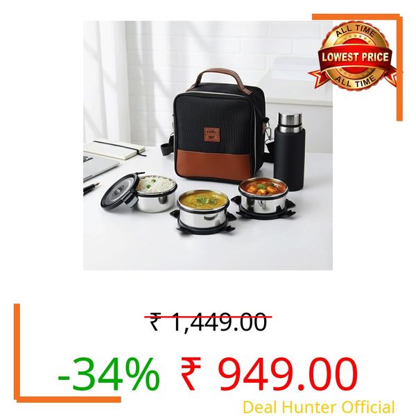 CELLO MF President Combo Stainless Steel Lunch Box with Bag, Black Leatherite | 3 x 300ml Round Steel Container, 1 x 450ml Steel Water Bottle | Airtight Clip Lock, Rust & Leakproof Office Tiffin Box