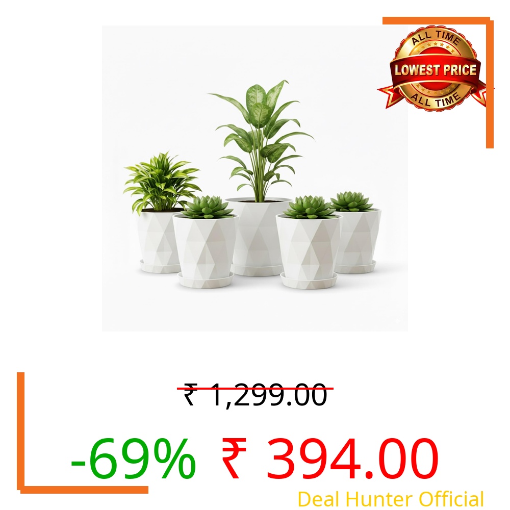 JD FRESH 5 Pack Plastic Diamond Flower Pots with Drainage & Bottom Tray/Lightweight, UV & Weather Resistant/6.5 Inch Planters for Indoor/Outdoor/Home/Balcony/Terrace/Garden Plant Pots - (White)