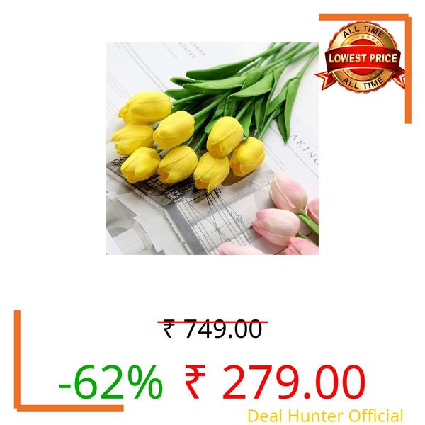 Peperi 5 Pcs Artificial Tulip Flowers Bunches for Vase, Home Decoration Items, Table Top, Bedroom, Office, Living Room Corner, Wedding, Party Decorative Gift Set (Without Vase) (Yellow)