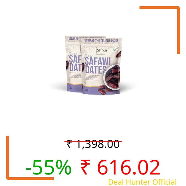 KitchenSmith Safawi Fresh Dates - Pack of 2 (400gm Each) | No Preservatives & Added Sugar | High Fibre | Energy Health Snacks | Premium Khajoor