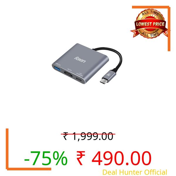 Foxin 3-in-1 Type-C to HDMI Adapter, Multiport USB-C Hub with 4K @ 30Hz HDMI, USB 3.0 @ 5Gbps, 100W PD Charging, Metal Body, Built-in Type-C Cable for MacBook, Laptops & Type-C Devices - C HUB 3