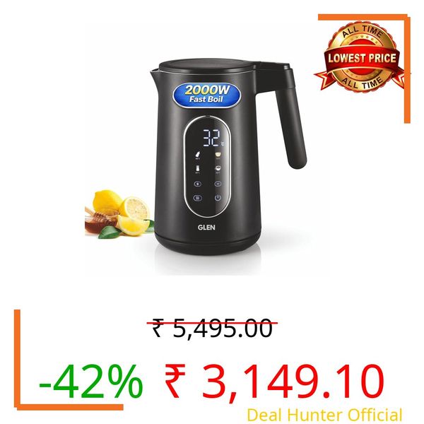 Glen Electric Kettle 1.5L, 2000W, Milk Warmer, with 4 Preset Temperature Functions, Touch Control & Digital Display, Auto Shutoff, Cord Storage, for Hot Water, Tea & Coffee, Milk (SA-9009SSBL)