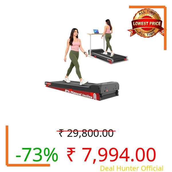 PowerMax Fitness WalkPad-2 Under Desk Walking Pad Treadmill for Home Use|3.0 HP Motor|Compact Design with Manual Incline|Shock Absorption System|110 kg Capacity|LED Display|Remote Control (Red Black)