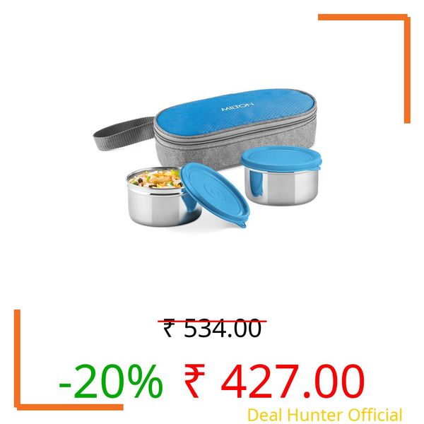 MILTON Plato Pack Small Stainless Steel Lunch Box (2 X 340 ml containers) with Jacket | Leak Proof, Food Grade I Lightweight, Odour Proof | 1 Year Warranty I Ideal for Office, School, Travel, Blue