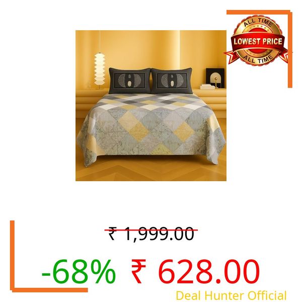 BSB HOME King Size Bedsheet | Cloud Cotton Flatsheet King Size with Contrasts 2 Pillow Covers 300 TC | Super Soft Bed Sheet | Floral Design (240 x 230 cm, Grey & Mustard Geometric Pattern)
