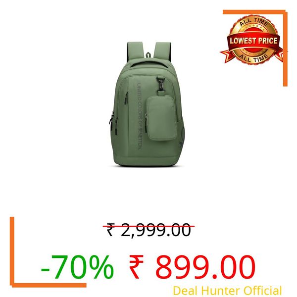 United Colors of Benetton Apex 33L Backpack - Olive, Water-Resistant, Minimalist 3-Compartment Design with Detachable Pouch & 1-Year Warranty