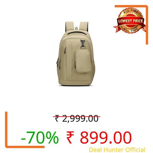 United Colors of Benetton Apex 33L Backpack - Beige, Water-Resistant, 3-Compartment Design with Detachable Pouch & 1-Year Warranty