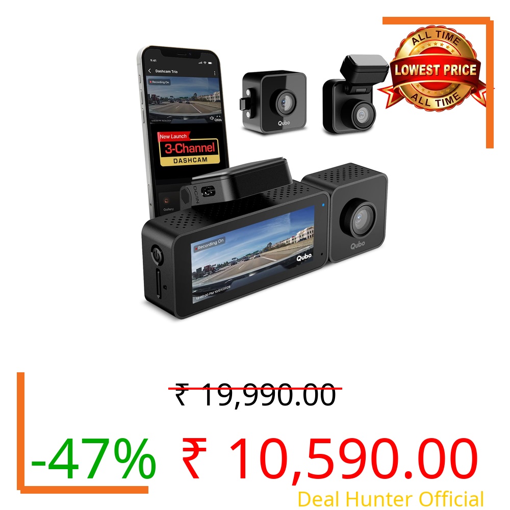 Qubo 3-Channel Dashcam Trio by Hero Group (Front+Rear+Cabin Camera) [New Launch] | 2K QHD | Built-in Wi-Fi & GPS |140° FOV | IR Night Vision | App Control | Supports up to 1TB SD Card