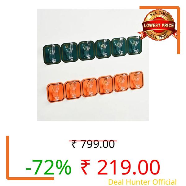 BRAND VILLA Self Adhesive Wall Hooks – 4 Pack Heavy Duty Transparent Hooks with Colorful Base | Waterproof & No Drill Wall Hangers for Kitchen, Bathroom, Door, Key, Utensil, Towel, Office Organizer