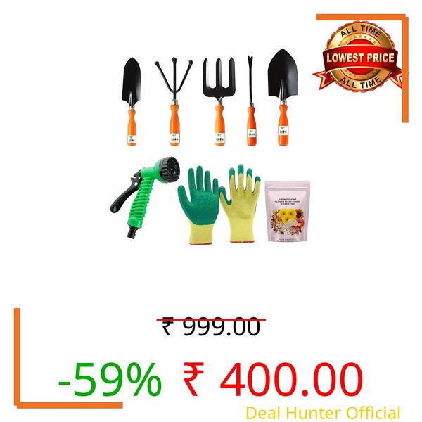 GROW DELIGHT Gardening Tools Kit-8 Pcs (Fork, Cultivator, Big Trowel, Small Trowel, Weeder, Gardening Gloves Green, Water Spray Gun, Flower Seeds Packet) | Durable Gardening Tools