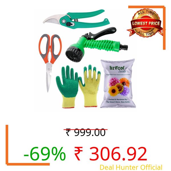 SIVON Gardening Tools Kit-5 Pcs (Garden Pruner, Garden Scissor, Gardening Gloves Green, Water Spray Gun, Flower Seeds Packet) | Durable Gardening Tools | Home Gardening Tool Kit
