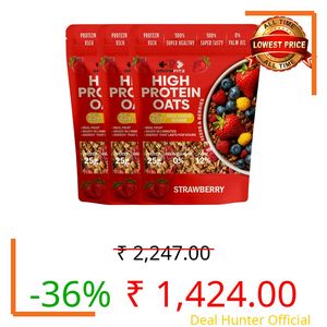 GrowFitz 25g High Protein Oats 800 Gram | Strawberry Flavor Breakfast Oatmeal | 12g High Fiber, Almonds, Raisin, Pumpkin, Chia Seeds, Super Rolled Oats | Healthy Fats, No Added Sugar (Pack of 3)