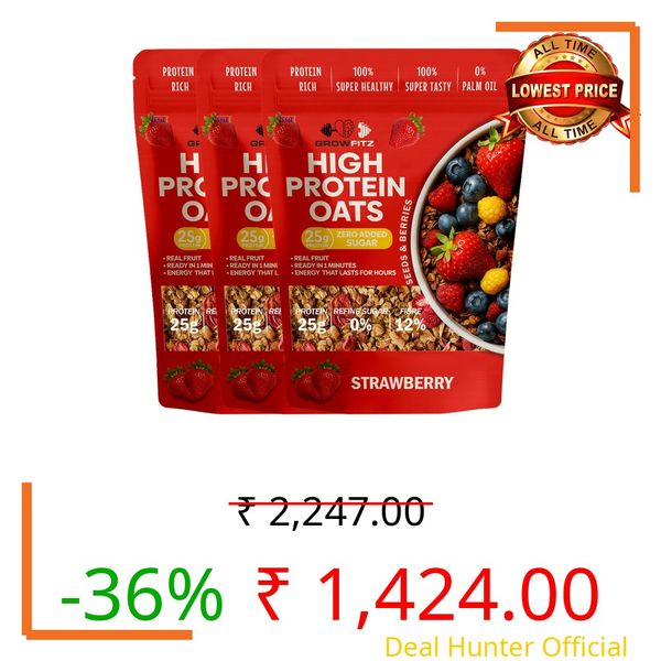 GrowFitz 25g High Protein Oats 800 Gram | Strawberry Flavor Breakfast Oatmeal | 12g High Fiber, Almonds, Raisin, Pumpkin, Chia Seeds, Super Rolled Oats | Healthy Fats, No Added Sugar (Pack of 3)