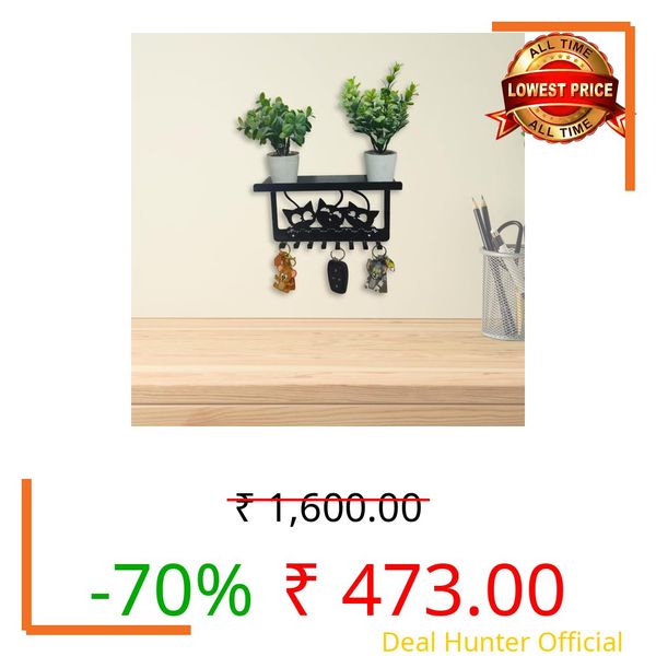 MEET DECOR Metal Key Holder with Shelf/Mobile Stand | 9 Hooks Wall Mounted Key Rack | Black Powder Coated Cat Family Design | Multipurpose Key Stand for Keys, Mobile, Wallet