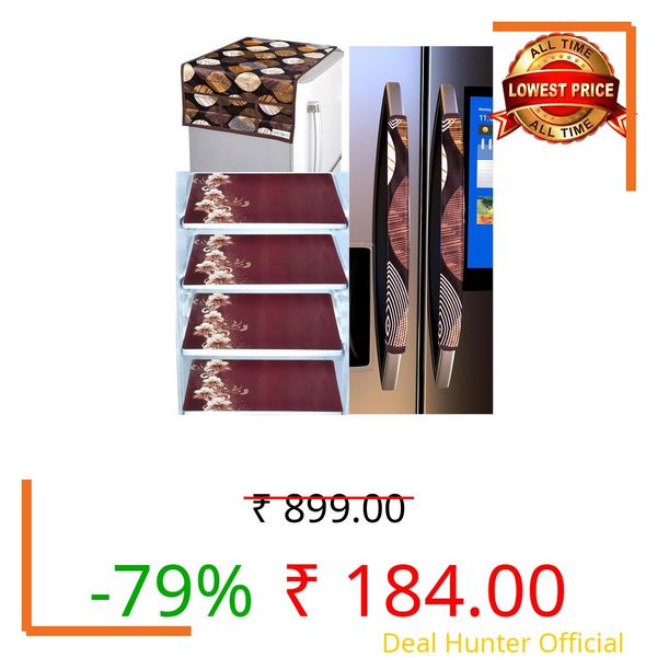Grisha Home Combo of Kitchen Combo Fridge Top Cover(53 x 99 cm), Fridge Handle Covers (15 x 30 cm )+ Waterproof Fridge Mats (30 x 45 cm) (Brown Pan Pack of 7)