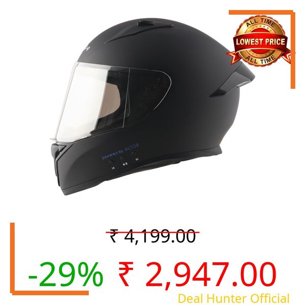 Vega Bolt ISI Certified Smart Bluetooth Full-Face Helmet – Shockproof, UV-Protected, Lightweight, Premium Comfort Dull Black L