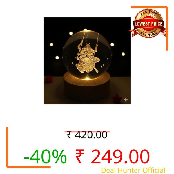 Wishpitara 3D Radha Krishna Swing Crystal Ball LED Night Lamp, Spiritual Engraved Design with Wooden Base, Decorative Night Light for Home Mandir, Gift (Radha Krishna Swing)