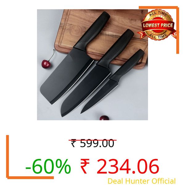 Wearonics Kitchen Knife Set – 3 Pieces High Carbon Stainless Steel Chef Knife Set with Colour Printed Coating & PP Handle for Professional Kitchen Use Black